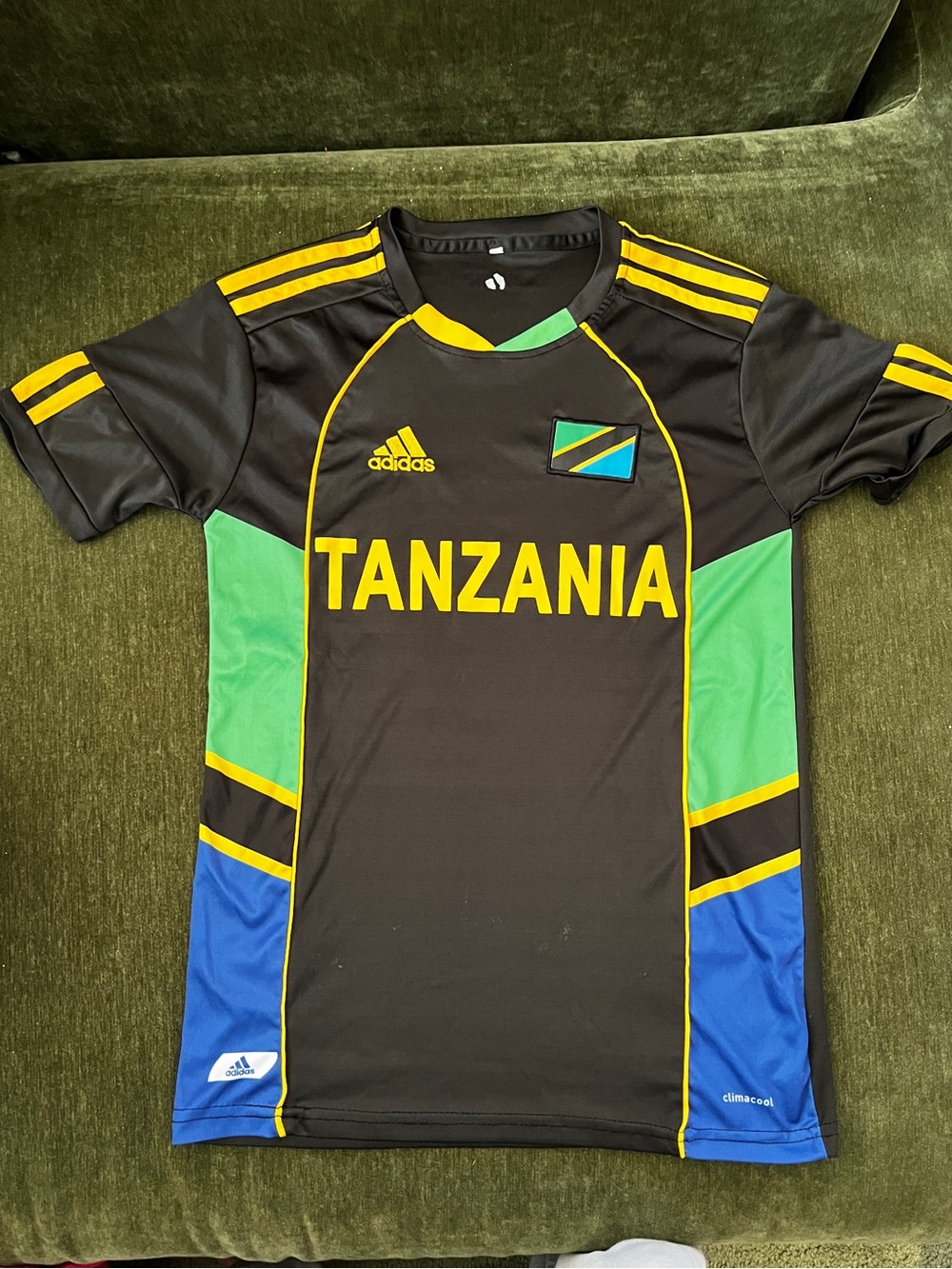 adidas Black Tanzania Football Jersey with Green, Blue & Yellow Accents